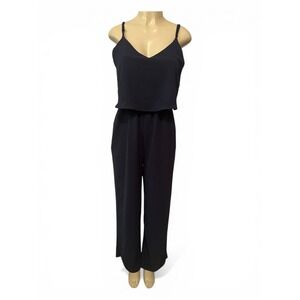 Gilli Amanda V-Neck Wide Leg Jumpsuit Navy Blue Woven Crepe M Elevated Basics